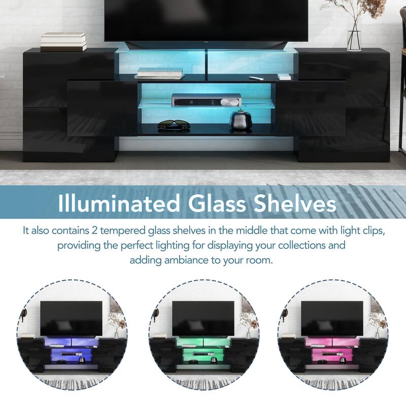 Modern TV Stand with Illuminated Glass Shelves, High Gloss UV Finish, and Ample Storage, 78.7'' Wide