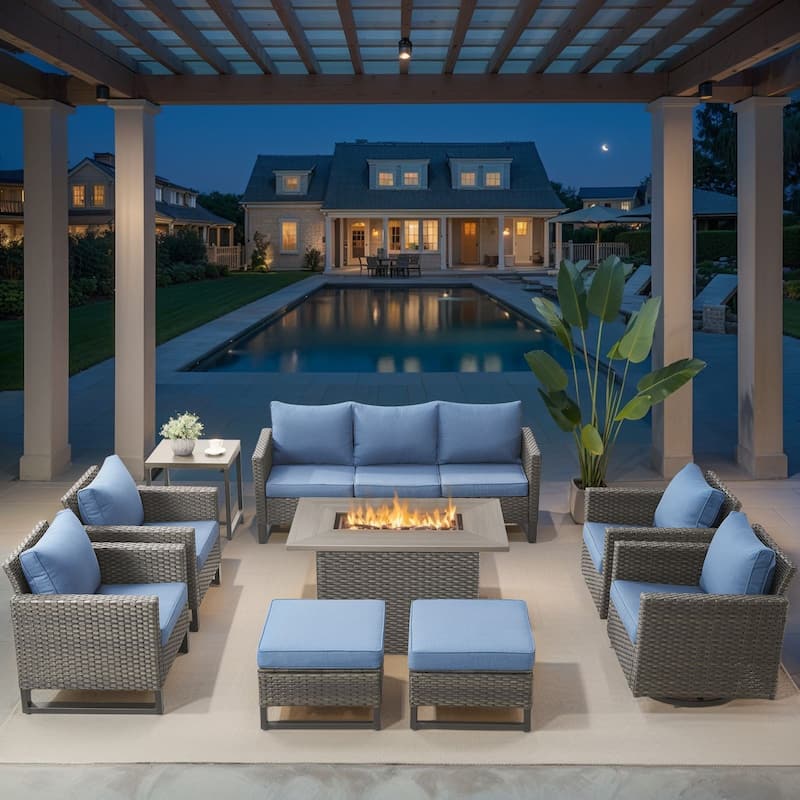Outdoor Fire Pit Table with Patio Funiture - Grey Wicker Blue Cushion - 9PCS Sofa Chair Ottoman w/ Fire Table