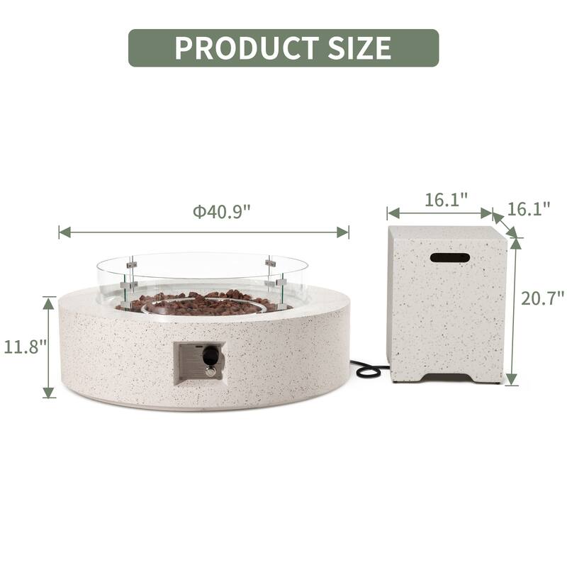 Round Terrazzo Outdoor Firepit with Propane Tank Cover & Wind Guard