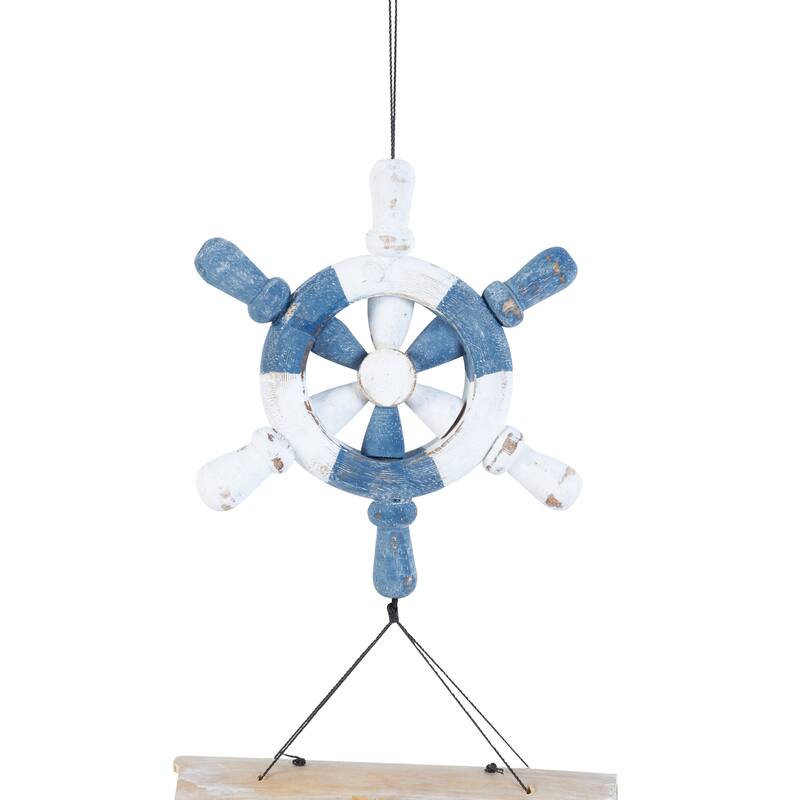 Bamboo Wood Ship Wheel Handmade Windchime with Log Chimes - Blue - Roche River Decor