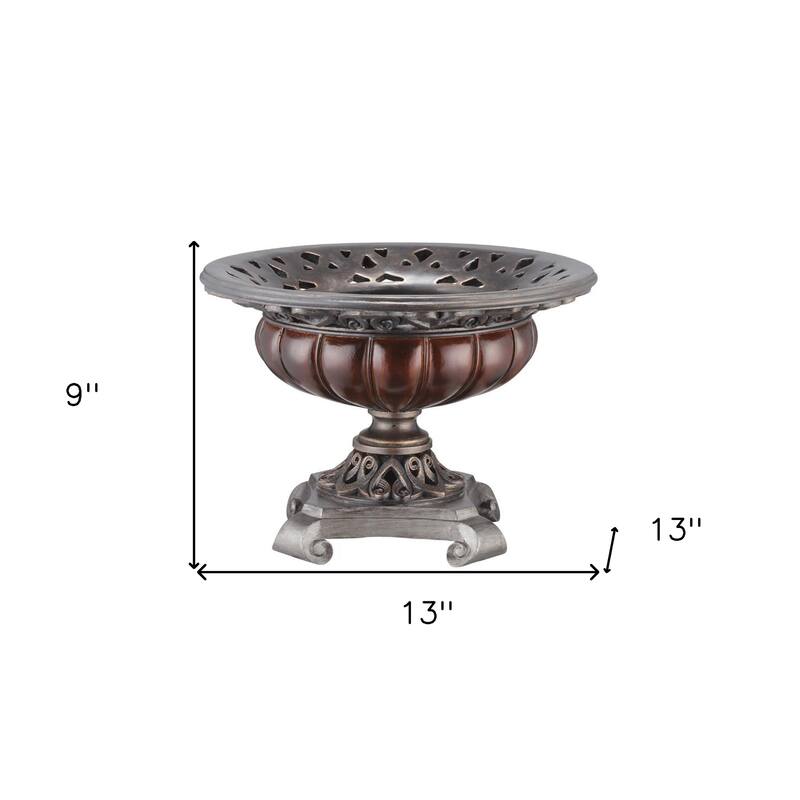 9" Silver and Bronze Polyresin Decorative Centerpiece Pedestal Bowl - 13 x 13 x 9