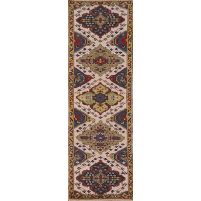 Geometric Kazak Oriental Runner Rug Handmade Wool Carpet - 2'6" x 10'1"