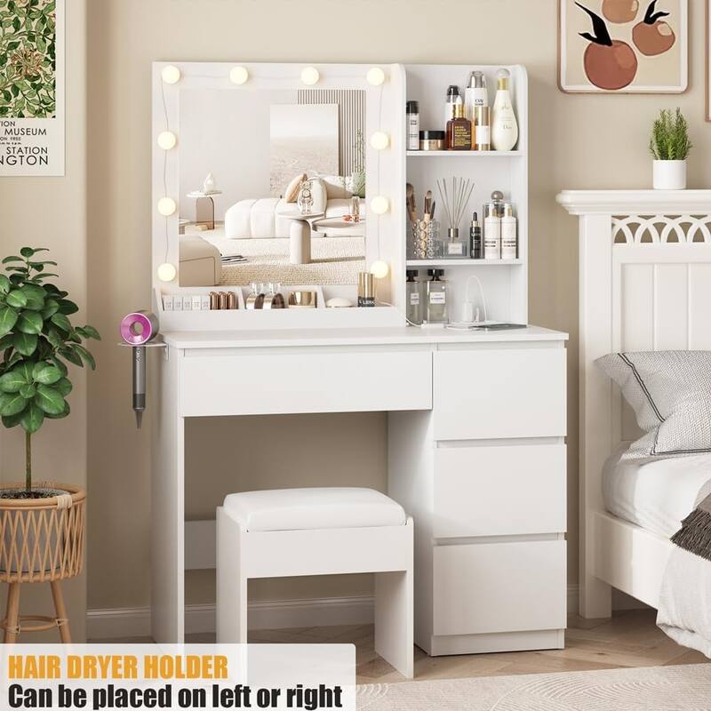 Makeup Vanity Desk Set with Mirror & Light,Storage Lots with Power Strip,3 Lighting Modes with Adjustable Brightness,37 Inches