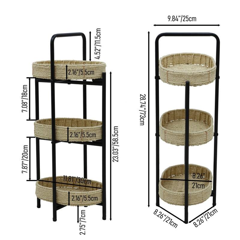 3 Tiers Tray Tables Paper Rope Woven Side Table for Living Room Kitchen Oval Storage Basket Small Shelves