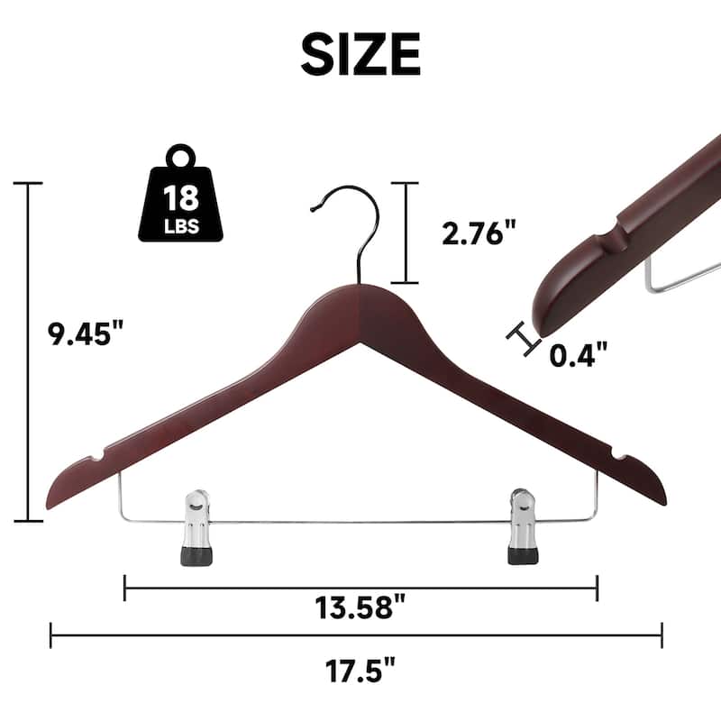 BP4U Solid Wood Hangers with Adjustable Metal Clips, Wooden Hangers for Coats, Jackets, Pants, Dresses, Skirts, and Suits