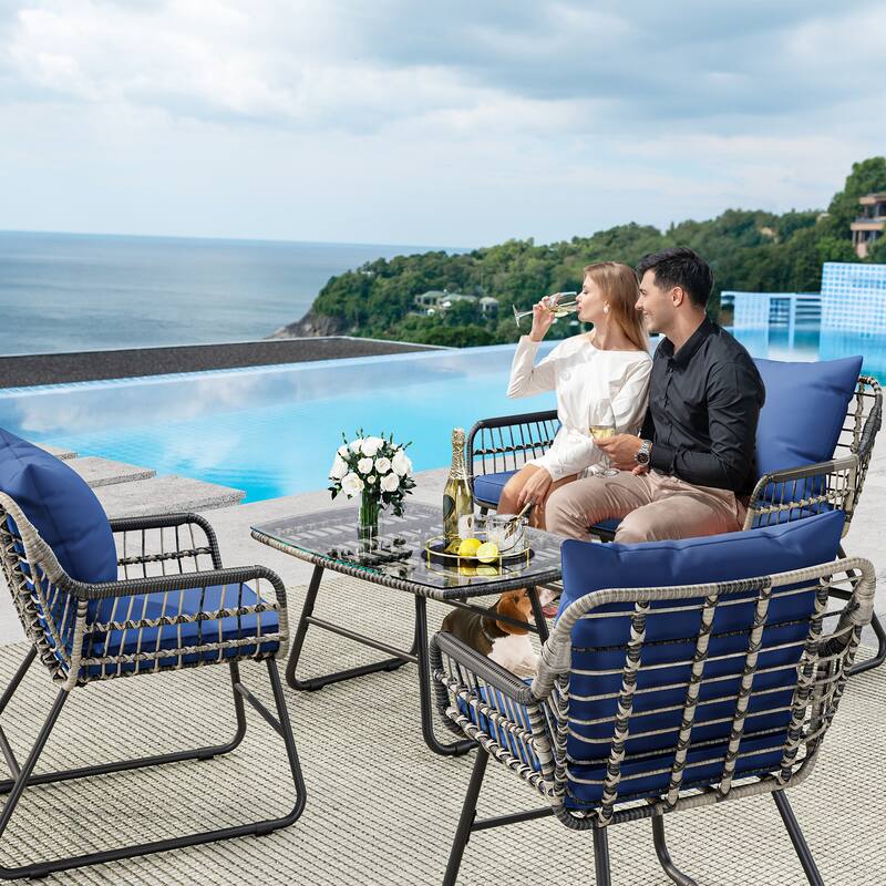 Moasis 4-Piece Blue All Weather Rattan Conversation Loveseat Bistro Set - 4 Pcs