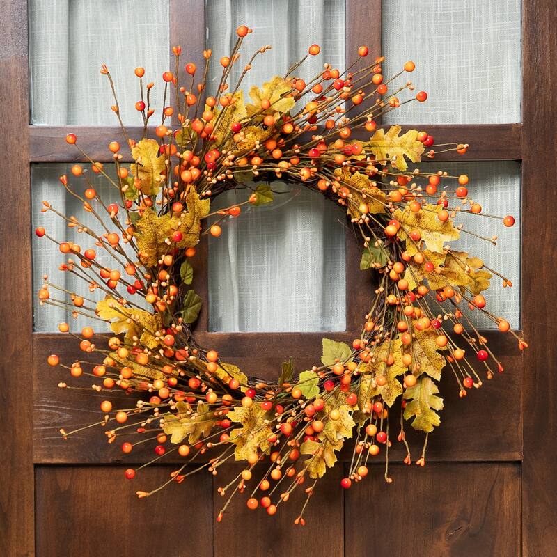 Berries and Maple Leaves Artificial Fall Harvest Twig Wreath - 22"