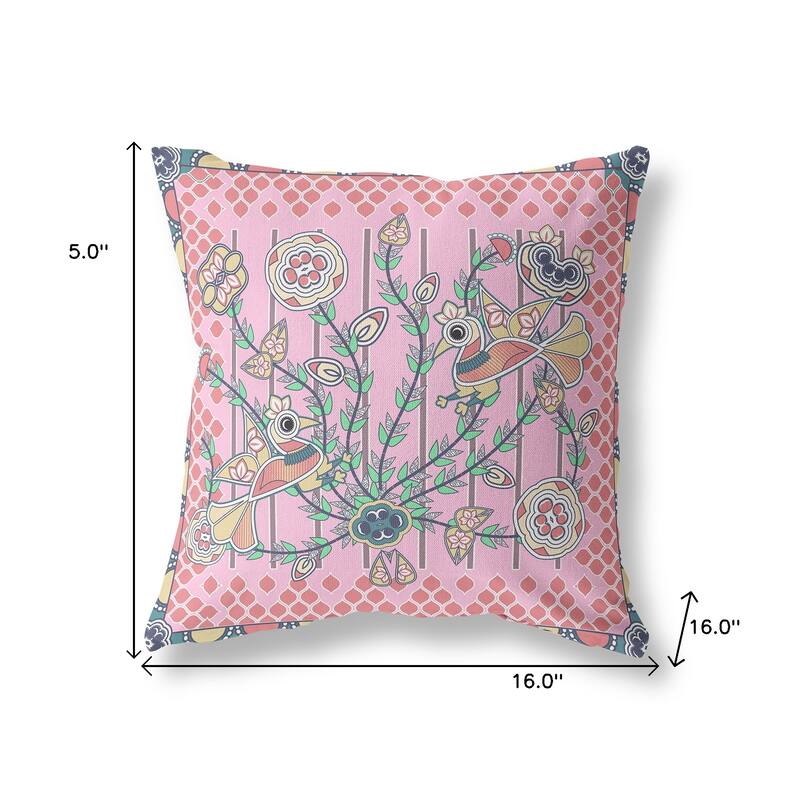 HomeRoots 16" x 16" Pink Peacock Blown Seam Floral Indoor Outdoor Throw Pillow - 16.00' X '5.00' X '16.00