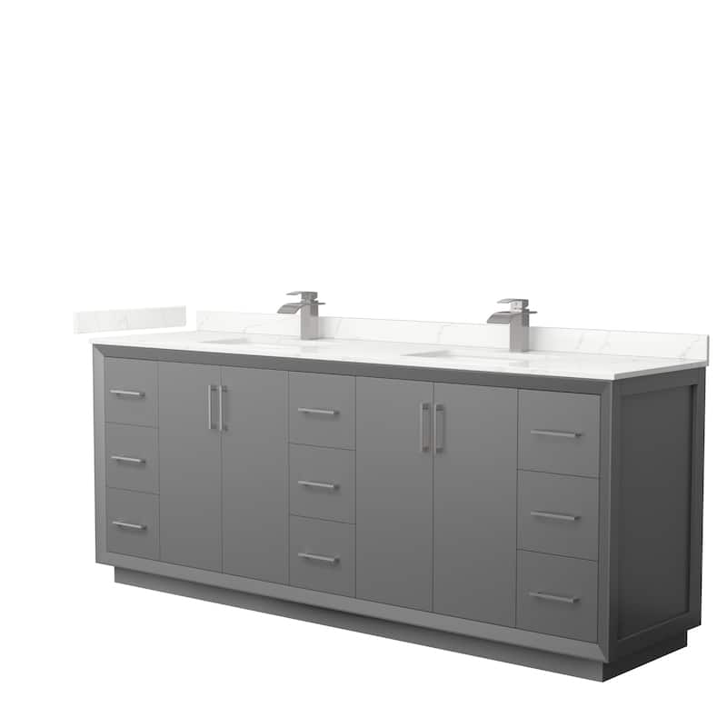 Strada 84-inch Double Vanity, Quartz Top - Dark Gray, Nickel Trim, Giotto Quartz Top