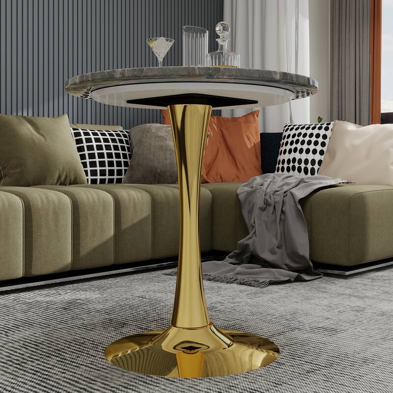 27.6" Mid-Century Modern Style Dining Table, Accommodates 2-4 People, Featuring A Round Dark Gray Textured Marble Tabletop