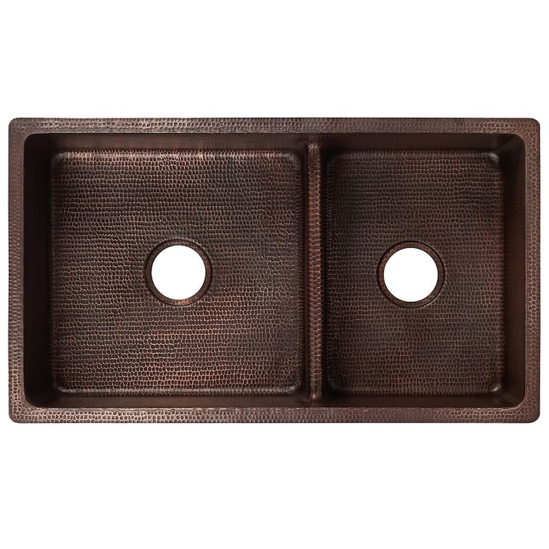 33-in Hammered Copper Kitchen 60/40 Double Basin Sink with Short 5-in Divider w/ Accessories (KSP3_K60DB33199-SD5)