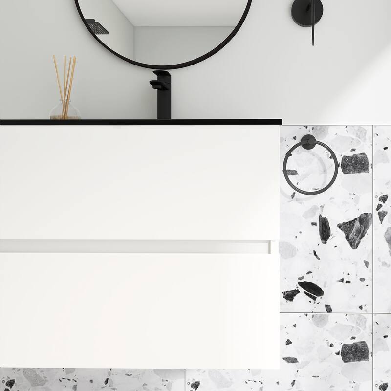 Wall-Mounted Bathroom Vanity Set in White with Black Quartz Top and Integrated Sink