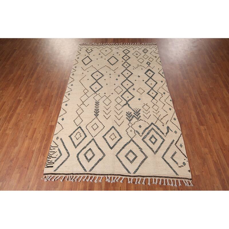 Geometric Ivory Moroccan Area Rug Handmade Wool Carpet - 5'9"x 9'6"