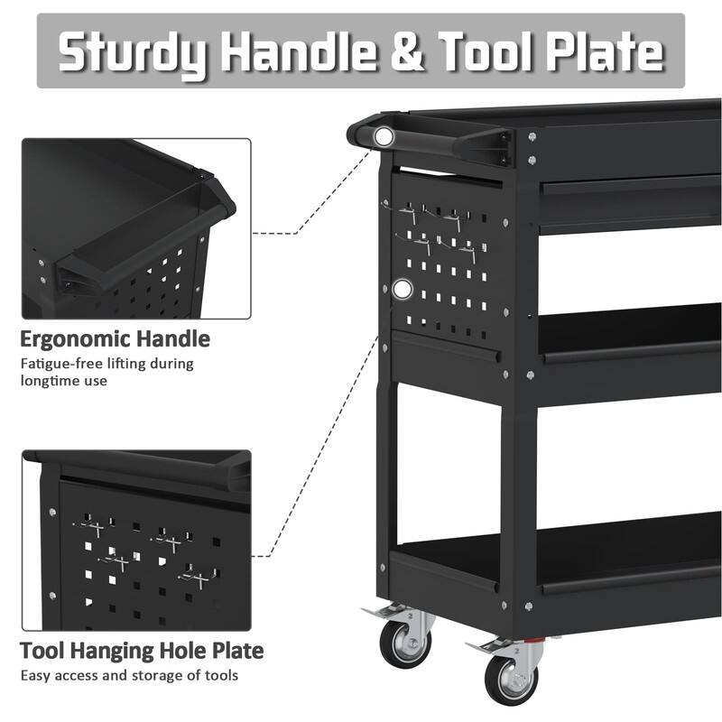 3 Tray Rolling Tool Cart, 400 LBS Capacity Mechanic Tool Carts on Wheels - 13.9 x 32.9 x 30 inches