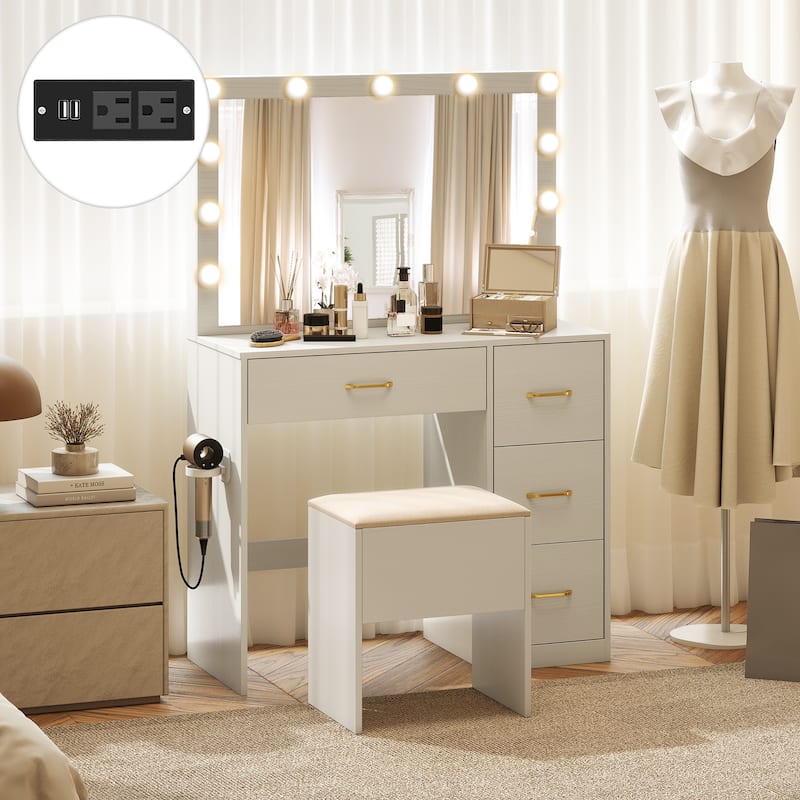 Gymax Vanity Desk with Mirror & Lights Dressing Table w/ Storage Stool