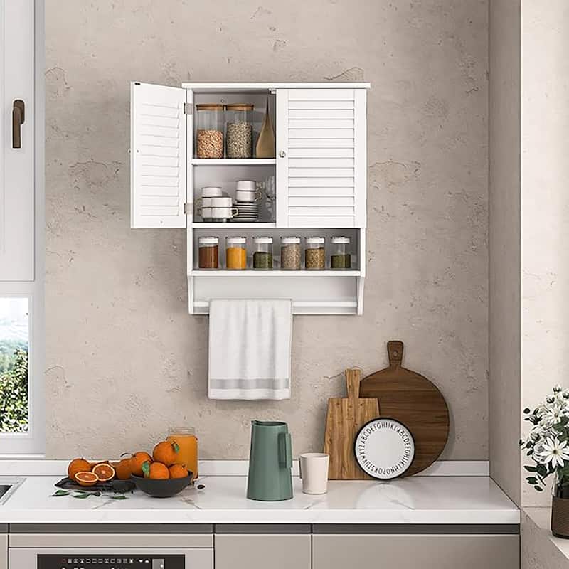 Bathroom Wall Mounted Medicine Cabinet w/ Towel Bar & Louvered Doors