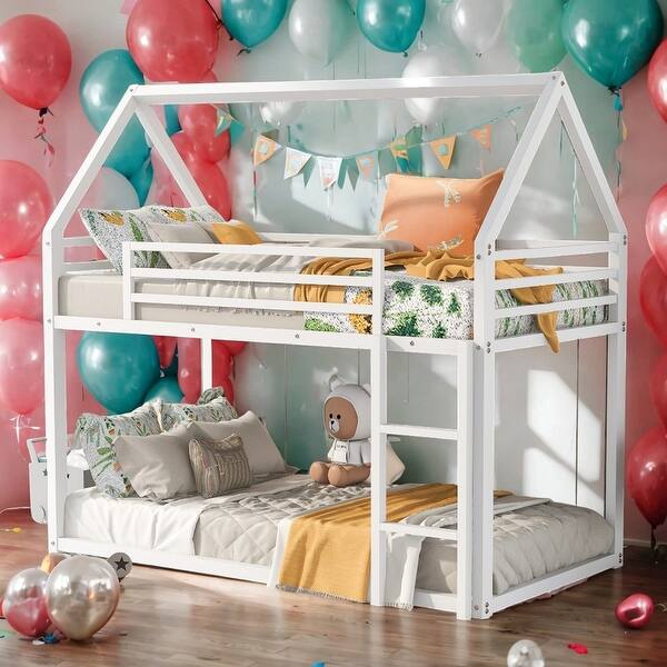 slide 2 of 18, Metal Twin over Twin House Shape Bunk Bed Frame with Ladder, White White
