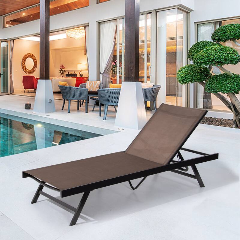 Outdoor Aluminum Adjustable Chaise Lounge Chair for Patio, Beach, Pool - 75.6" L * 25.4" W * 12.6" H - Brown