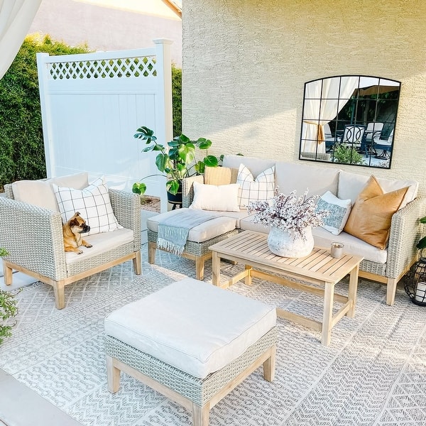 GarveeLife 5 Pieces Patio Furniture Set, 7-Seater Rattan Wicker Patio Conversation Sets With Coffee Table, Outdoor Sectional Patio Sofa Set, Grey
