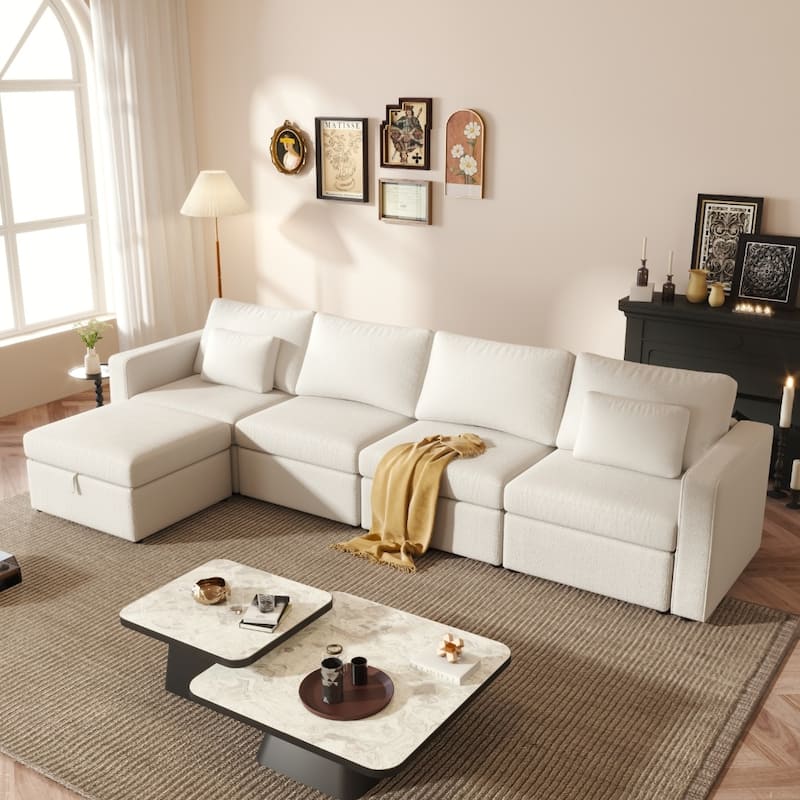 Modern Cotton Linen L-Shape Sectional Sofa, Oversized Upholstery Sectional Sofa, Chaise Couch with Storage Ottomans for Living R