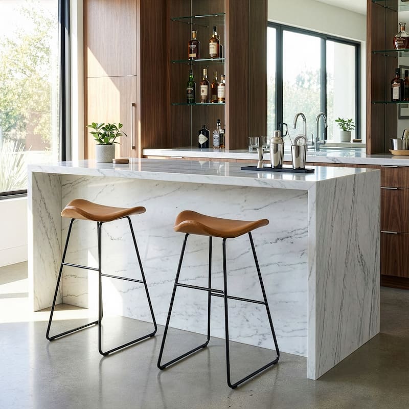 Set of 2 Aoi Brown Faux Leather Backless Barstool with Black Metal Legs