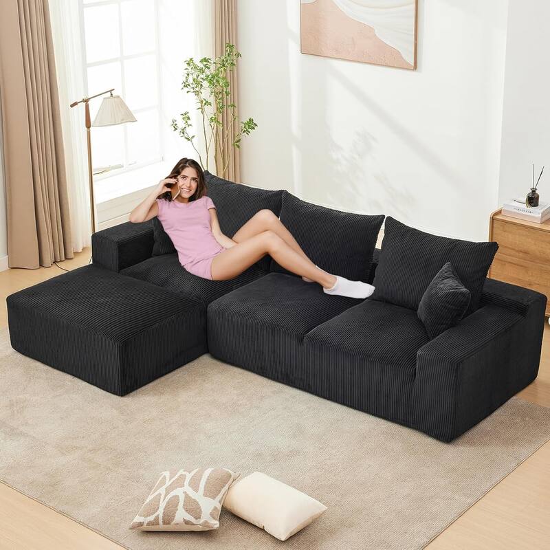 110" Oversized L-Shaped Sectional Sofa with Right Chaise, Cloud Couch with Corduroy & Memory Foam - left Black
