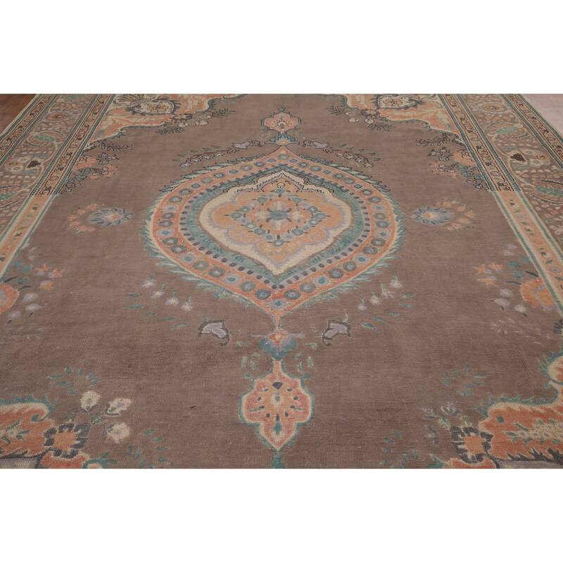 Brown Geometric Tabriz Vintage Persian Area Rug Handmade Wool Carpet - 9'4" x 12'5"
