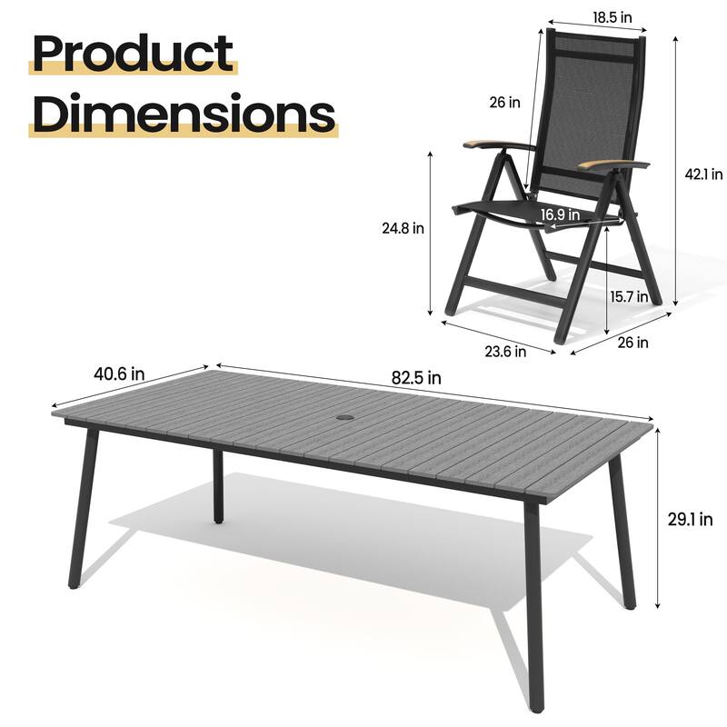 9PC Outdoor Patio Dining Set Aluminum Umbrella Hole Table with Folding Chairs