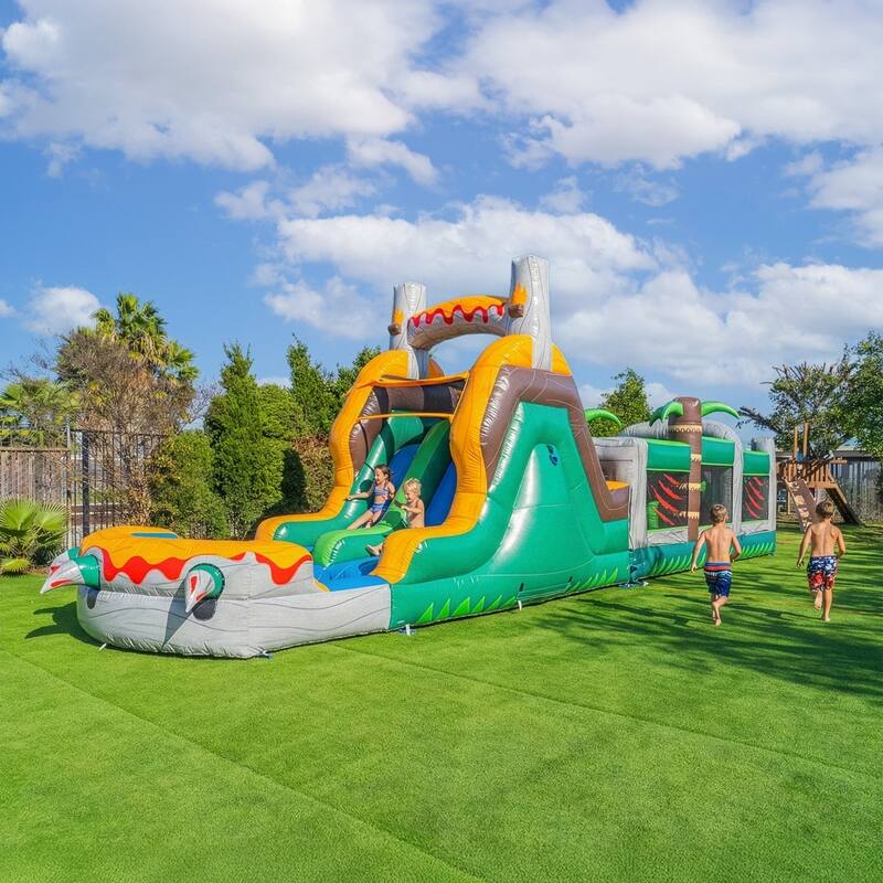 HeroKiddo T-Rex Adventure 42' Inflatable Obstacle Course with Water Slide - Commercial Grade, Wet & Dry Play (Blowers Included)