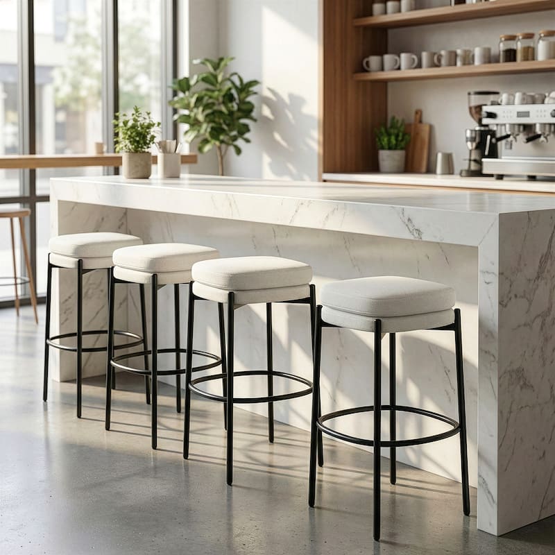 Set of 2 Avril White Boucle Backless Bar Stool with Black Metal Legs