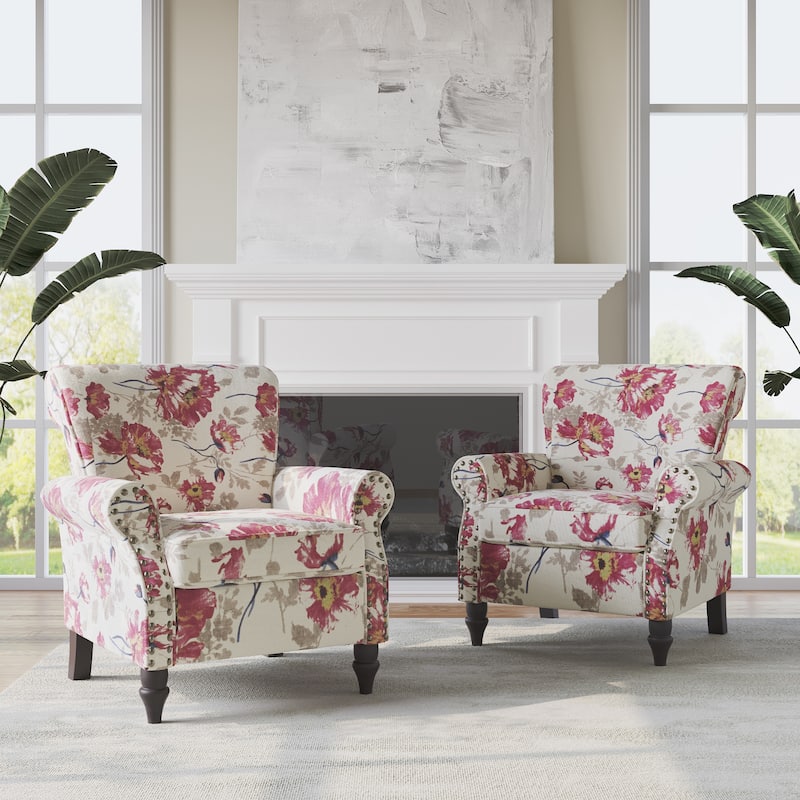 Mid-Century Modern Accent Chairs with Nailhead Trim - Linen - Pattern White-2Set