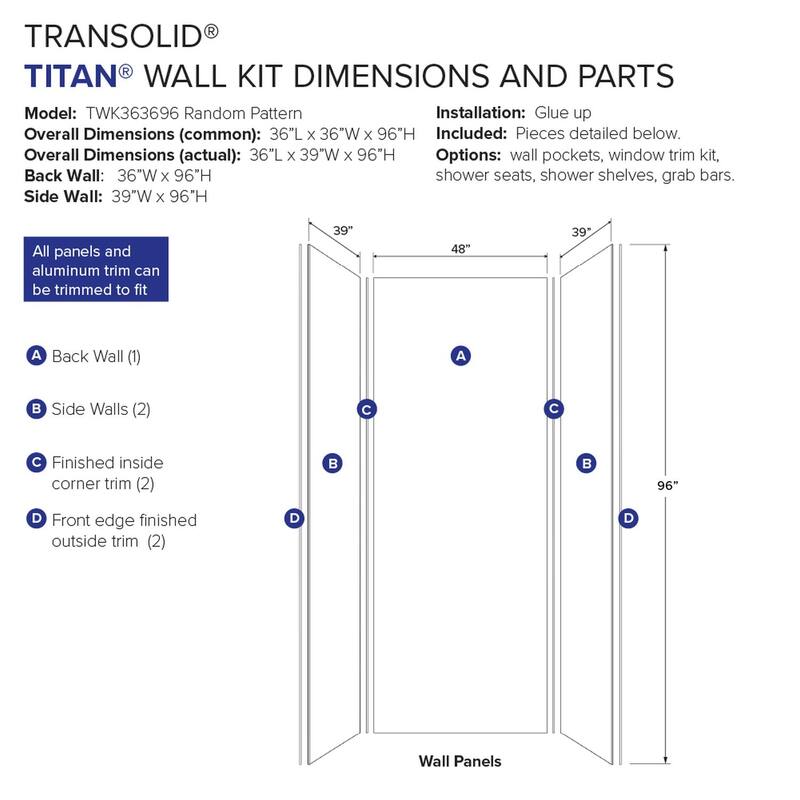 Transolid TWK363696 Titan 39-in x 39-in x 96-in Shower Wall Kit - 39x39x96