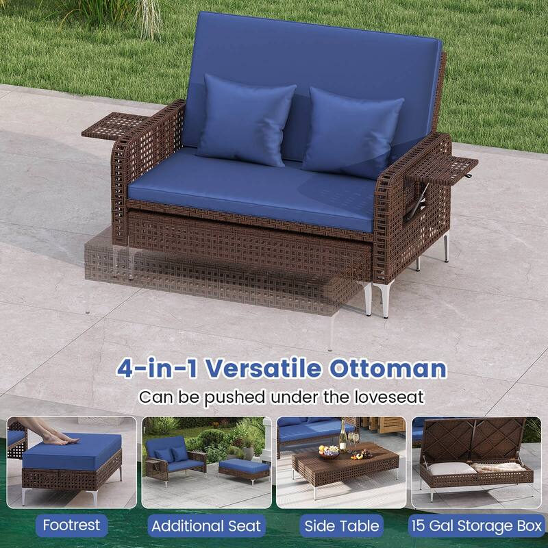Costway 2 PCS Wicker Loveseat & Storage Ottoman with 4-Level Backrest