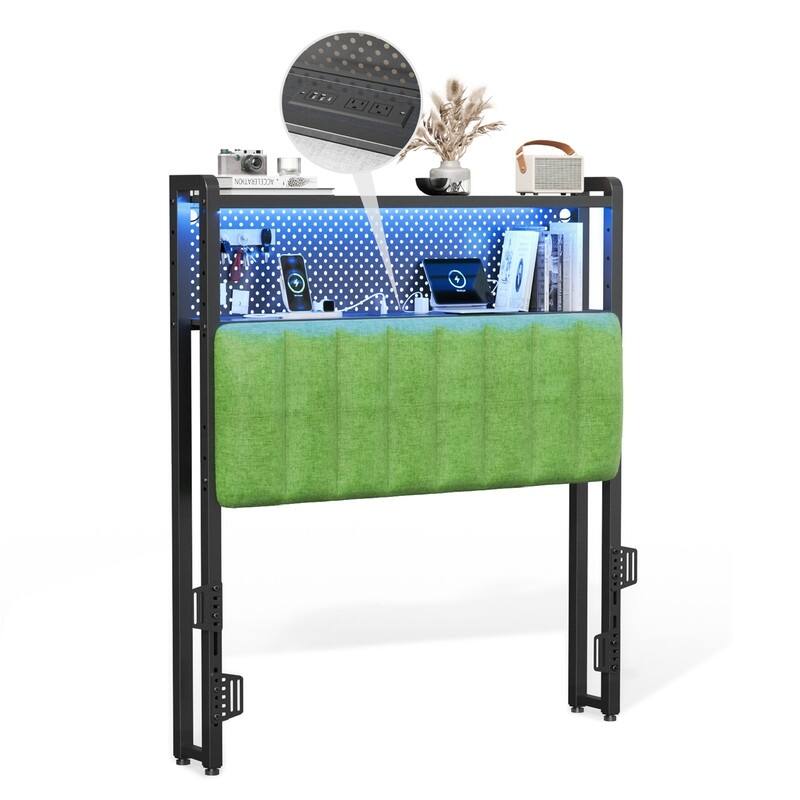 Adjustable Upholstered Headboard with 2 Tier Shelves with Charging Stations and LED Lights, Modern Bed Headboard with Storage - Chenille and green - Twin