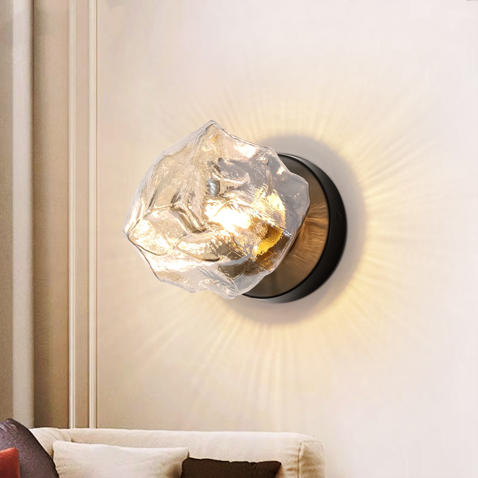 Rennnsan 1-Light Modern Black Finish Irregular Textured Glass Wall Sconce for Bedroom