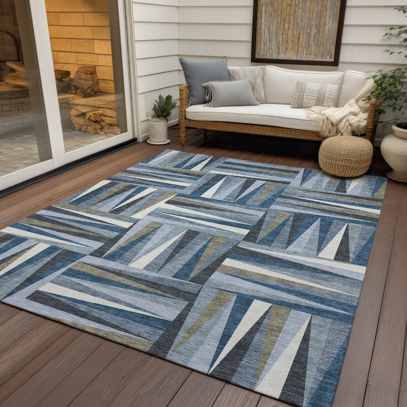 Machine Washable Indoor/ Outdoor Contemporary Mosaic Chantille Rug - Denim - 10' x 14'