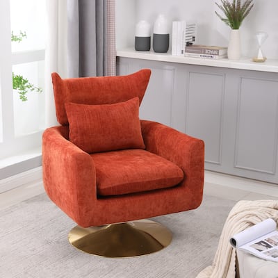 Orange Modern 29.9" Upholstered 360° Swivel Accent Chair with Iron Base and Pillow