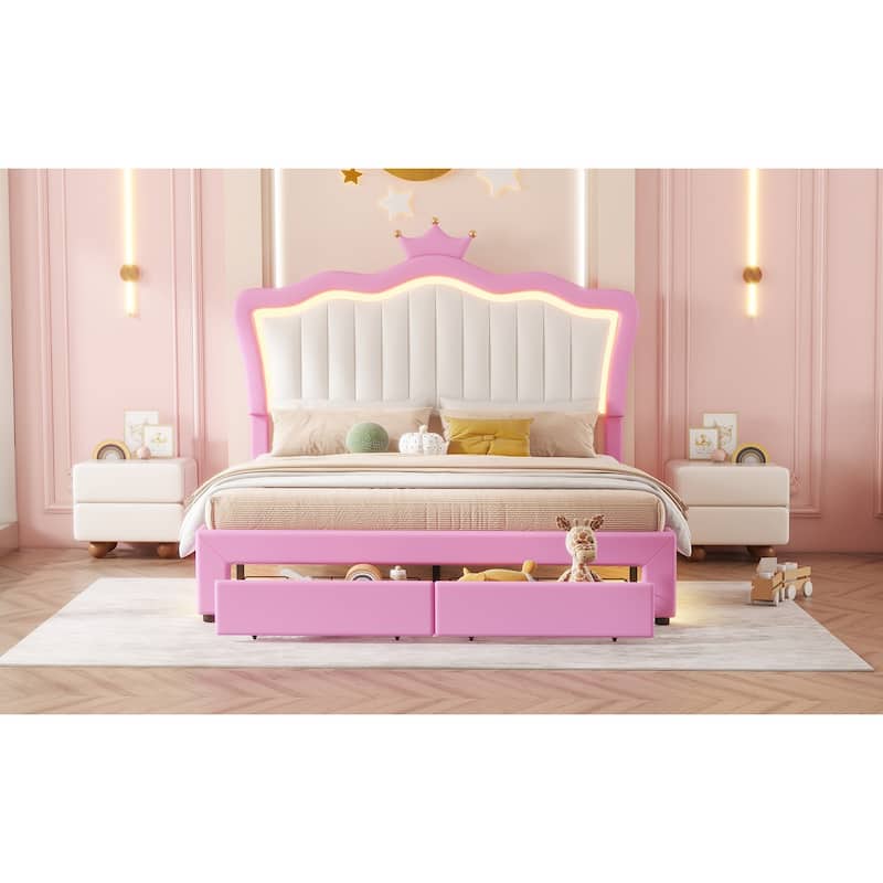 Full Size Upholstered Bed Frame with LED Lights, Crown Headboard, 2 Drawers, Pink+White