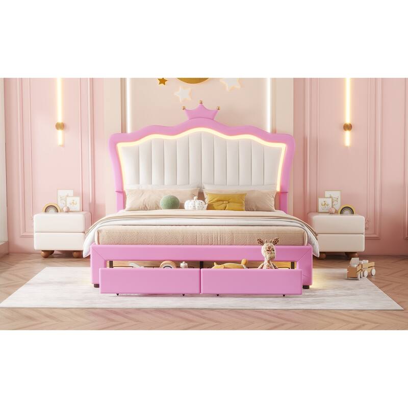 Princess Bed with Crown Headboard,Upholstered Bed Frame with LED Lights