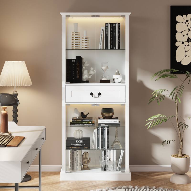 Bookshelves LED Display Cabinet with Tempered Glass Doors, App-Controlled Multicolor Lighting