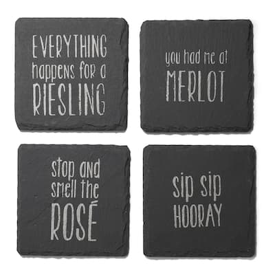 Sip Sip Hooray Slate Coasters Silver Set Of 4, Square 4X4" - 4 in. W x 4 in.D