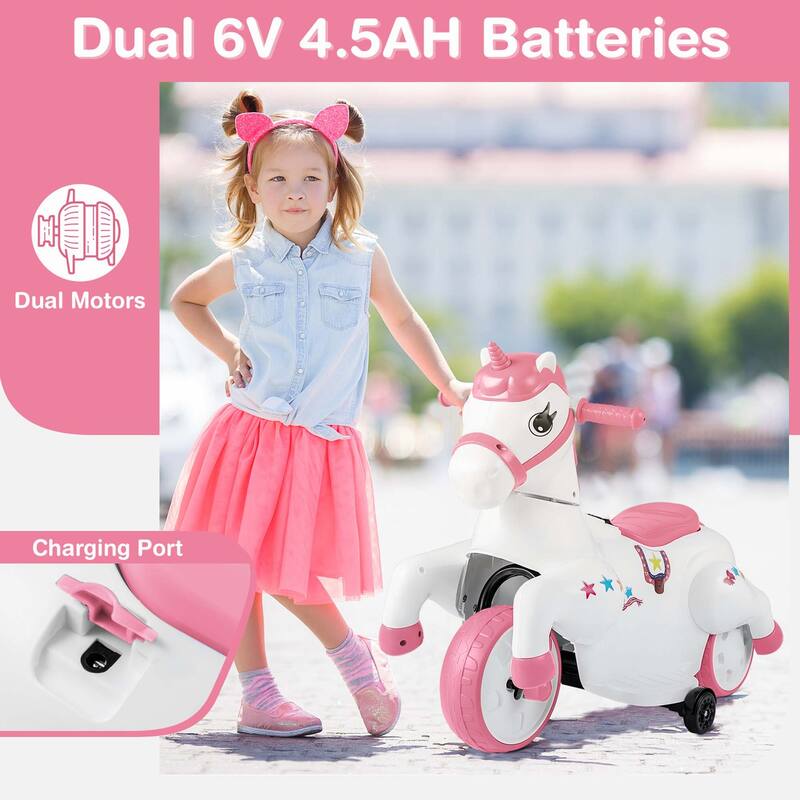 Costway 12V Kids Ride on Unicorn Toy with Training Wheels Music - See Details