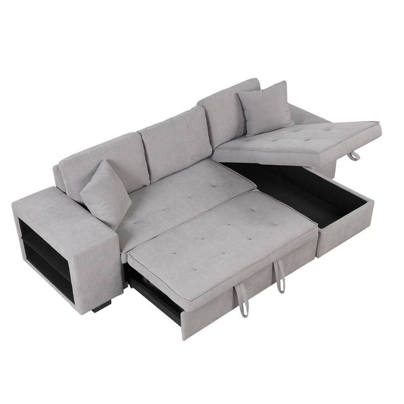 104.5" L-Shape 3 Seat Reversible Sectional Sofa Couch with Pull Out Bed, Sleeper Sofa with Storage Chaise and 2 Stools
