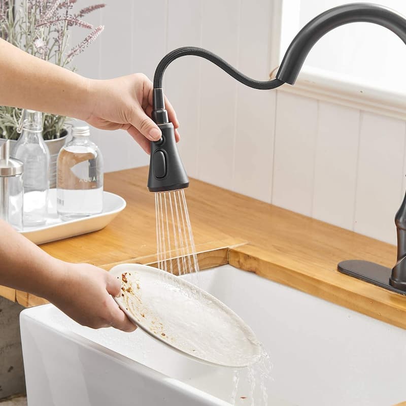 Singe Handle Pull Down Bronze Kitchen Faucet with Three Functions Sprayer - 2.28-in W x 15.9-in H