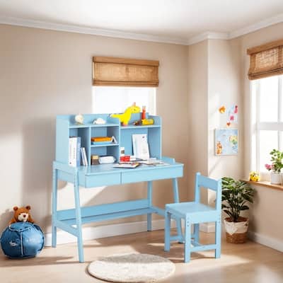 Solid Wood Classic Children's Desk and Chair Set, Blue, with Bookshelf and Drawers, Compact Multi-Storage, Safe Design