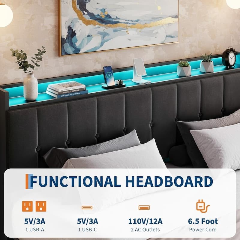 Bed Frame with Lift Up Storage and Charging Station