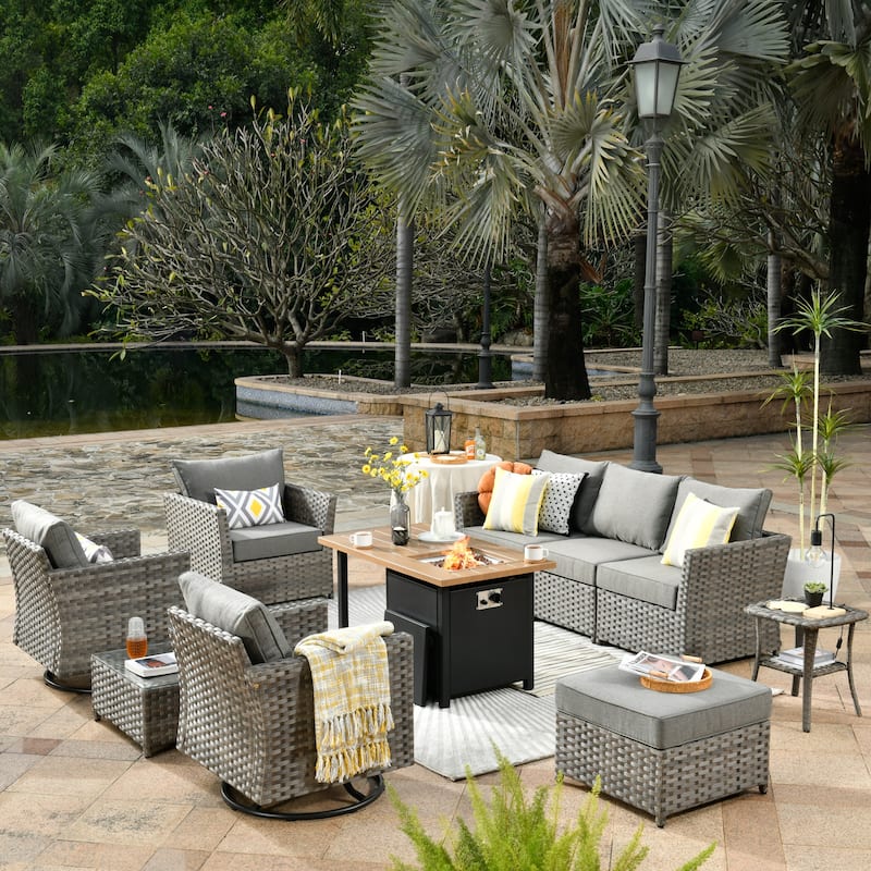 XIZZI 10-piece Outdoor Patio Furniture Rattan Wicker Conversation Sofa Set with Fire Pit - Dark Grey