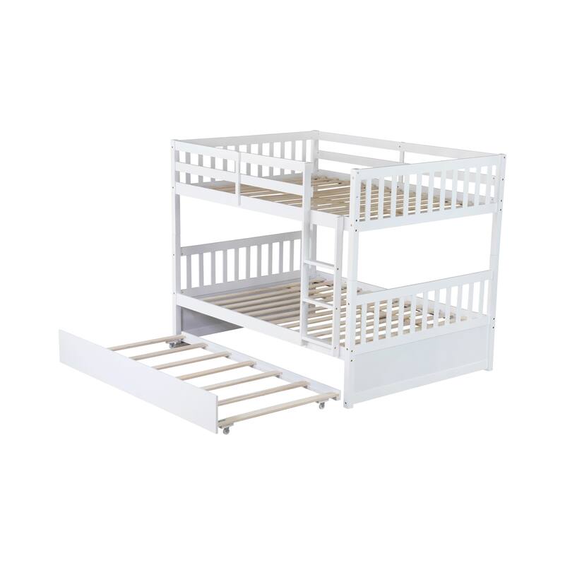Roomfitters Full Over Full Rubber Wood Bunk Bed with Pull-Out Trundle, Convertible Design, Ladder and Safety Guardrails, White