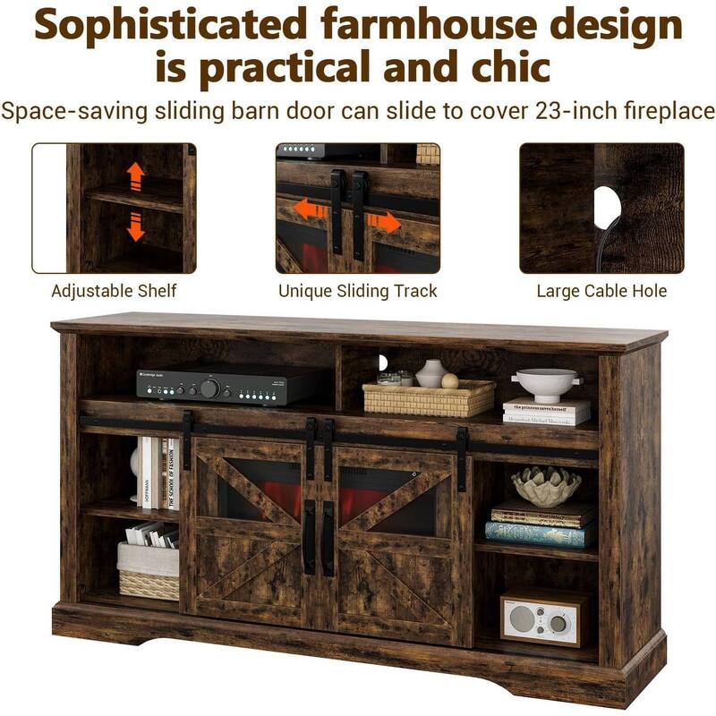 Farmhouse Electric Fireplace TV Stand Entertainment Center for Living Room, Brown