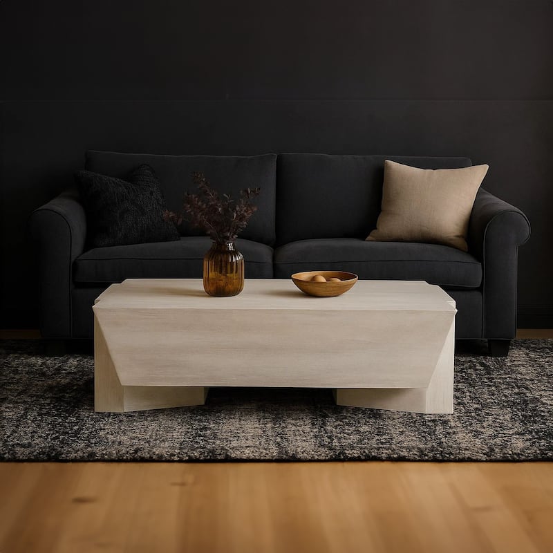 Joanie Coffee Table | 45" Rectangular Biscotti White Handcrafted Mango Wood | Solid Asymmetric Base